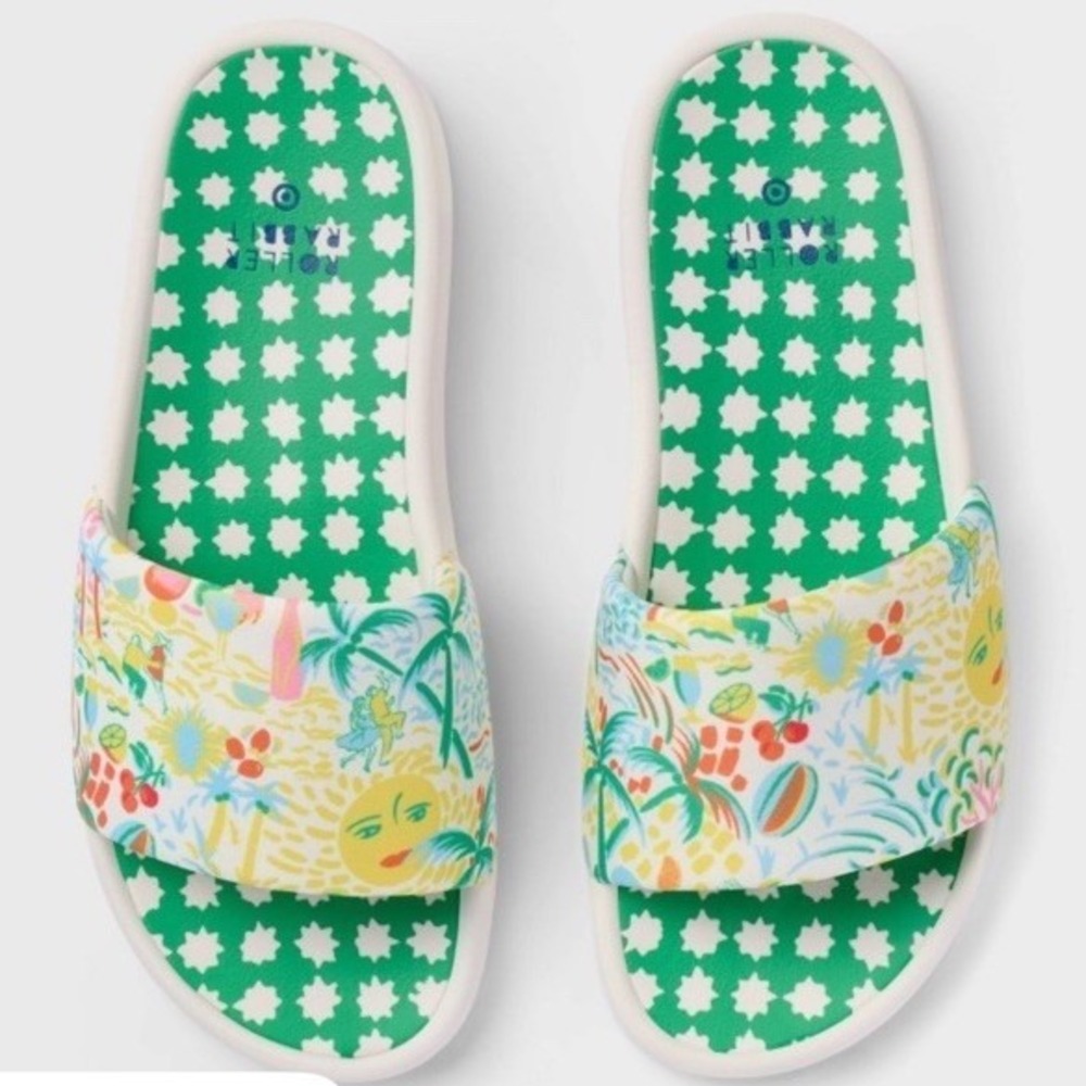 Roller Rabbit x Target Vacation Star Geo Slide Sandals Green Yellow Women 9/10